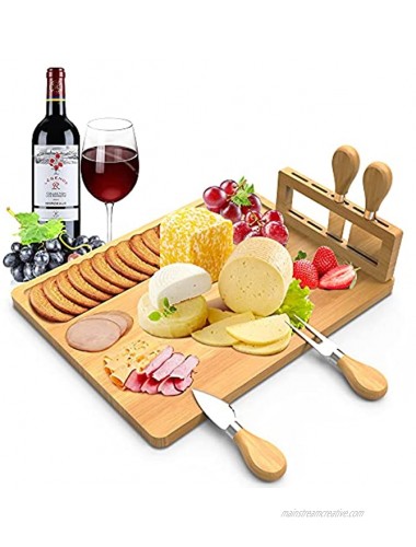 Bamboo Cheese Board Cheese Tray with 4 Stainless Cutlery Set,Charcuterie Board and Serving Meat Platter Ideal for Halloween Wedding Christmas Gifts