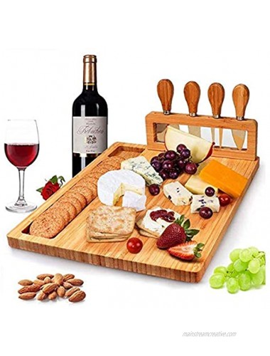 Bamboo Cheese Board Set Charcuterie Platter Serving Meat Board Including 4 Stainless Steel Knife and Serving Utensils for Christmas Wedding Birthday Anniversary