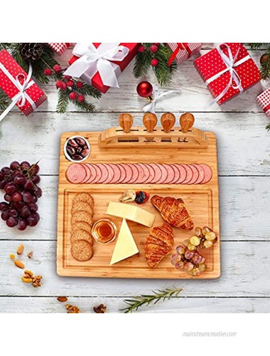 Bamboo Cheese Board Set Cheese Plate Board with Cutlery Set Wood Serving Tray and Charcuterie Platter includes 4 Stainless Steel Knife and Server Set Perfect Gift for Birthdays Wedding Christmas