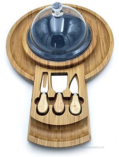 Bamboo Essentials Bamboo Cheese Charcuterie Board Natural-Edged Slate Cutting Stone 3 Cheese Knives and an Acrylic Dome to Keep Your Food Fresh Perfect Gift