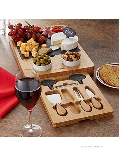 Casafield Organic Bamboo Cheese Board Gift Set Wooden Charcuterie Platter Serving Tray for Meat Fruit and Crackers Slate Board 2 Ceramic Bowls 4 Stainless Steel Knives Slate Labels and Chalk