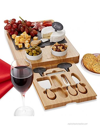 Casafield Organic Bamboo Cheese Board Gift Set Wooden Charcuterie Platter Serving Tray for Meat Fruit and Crackers Slate Board 2 Ceramic Bowls 4 Stainless Steel Knives Slate Labels and Chalk
