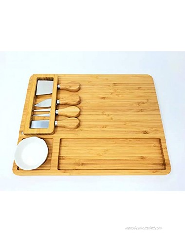 Charcuterie Bamboo Cheese Board and Knives Set with Ceramic Bowl Serving Appetizer Fruit Tray