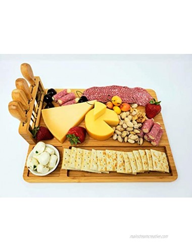 Charcuterie Bamboo Cheese Board and Knives Set with Ceramic Bowl Serving Appetizer Fruit Tray