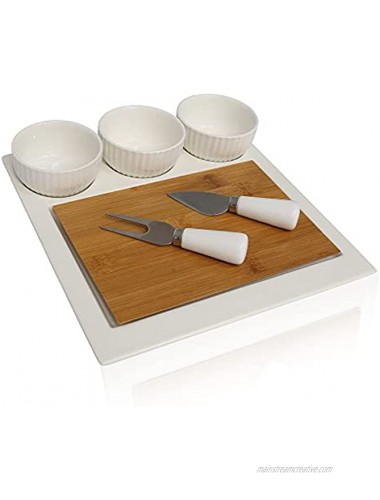 Charcuterie Board Set with 3 Ceramic Bowls and Cutlery Bamboo Cheese Board and Knife Set Perfect Snack and Appetizer Serving Platters for Wine and Cheese Party 2.50 x 11.00 x 11.00