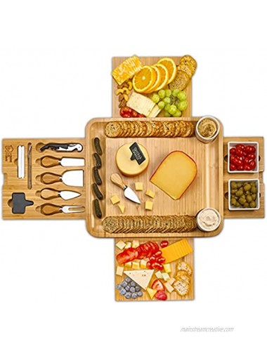 Cheese Board 2 Ceramic Bowls 2 Serving Plates. Magnetic 4 Drawers Bamboo Charcuterie Cutlery Knife Set 2 Server Forks Wine Opener Labels Markers Gift for Birthdays Wedding Registry,Housewarming
