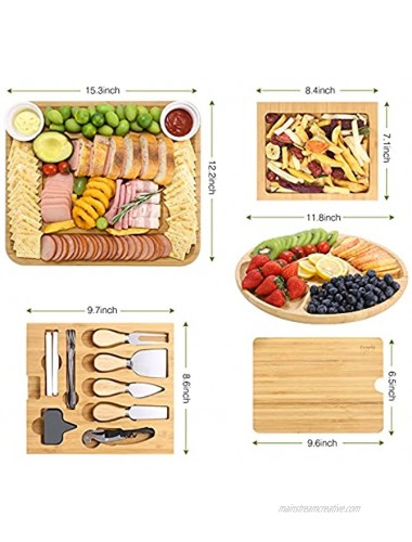 Cheese Board and Knife Set Charcuterie Board Set Cheese Plates with Slide-out Drawer Serving Tray for Cheese Meat Housewarming Christmas Wedding