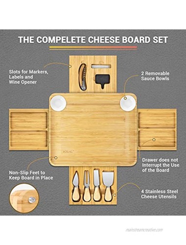 Cheese Board and Knife Set Charcuterie Board Set with 4 Drawer 2 Sauce Dish Bowls 1 Tray Large Cheese Serving Platter for Fruit Cheese and Meat Housewarming Gifts 15 pcs