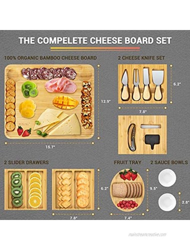 Cheese Board and Knife Set Charcuterie Board Set with 4 Drawer 2 Sauce Dish Bowls 1 Tray Large Cheese Serving Platter for Fruit Cheese and Meat Housewarming Gifts 15 pcs