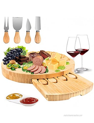 Cheese Board and Knife Set,Charcuterie Board,Cheese Platter Serving Tray,Bamboo Cheese Board with 4 Cheese Serving Utensils and 2 Bowls for Fruits Cheese Meat,Housewarming Gifts Wedding Gift