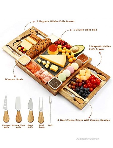 Cheese Board Set & Knife Set,Wood Charcuterie Boards,Cheese Tray with Cutlery in Double Slide-Out Drawer,Cheese Plates for Charcuterie,Wine,Crackers Brie,Meat,Gift for Valentine,Wedding,Housewarming
