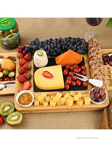 CTFT Cheese Board and Knife Set Bamboo Charcuterie Boards Serving Platter with Slate Plate -Cheese Platter Board Cheese Board with Cutlery Set Cheese Tray Wooden Cheese Board Set Cutting Board