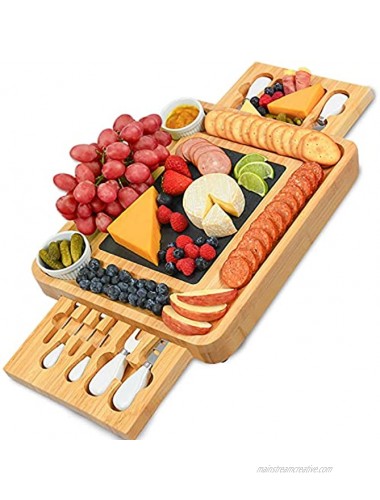 CTFT Cheese Board and Knife Set Bamboo Charcuterie Boards Serving Platter with Slate Plate -Cheese Platter Board Cheese Board with Cutlery Set Cheese Tray Wooden Cheese Board Set Cutting Board