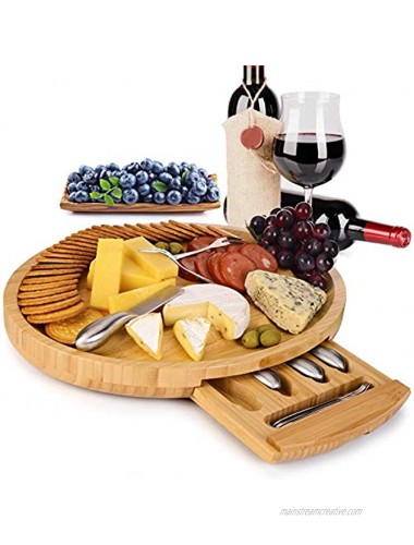 Esup Bamboo Cheese Board Set Cheese Plate 16 '' x 13 '' With Integrated Slide-Out Drawer and 4 Specialist Stainless Steel Knife & 4 Stainless Steel Fork Perfect Mother's Day Gift Thanksgiving Gifts