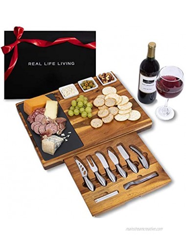 Extra Large Charcuterie Board Set w Gift Box 19-Piece Cheese Board and Knife Set Wedding & Holiday Gift Platter or House Warming Present Acacia Wood & Slate Serving Tray for Meat Wine & Cheese