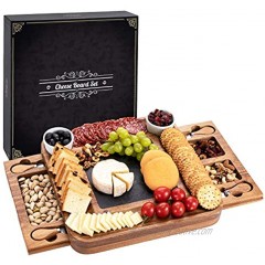 HBlife Acacia Cheese Board & Knife Set Charcuterie Board Cheese Platter with Slide-Out Drawer for Wine Cheese Meat  House Warming Gift Perfect Choice for Christmas Wedding Square