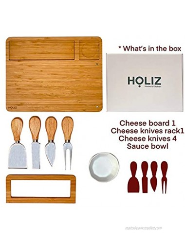 HOLIZ Bamboo Cheese Board Set with 4 Knives Set and A Serving Bow Cheese Knives for Charcuterie Board Wood Cheese Board Housewarming Gifts Meat and Cheese Board