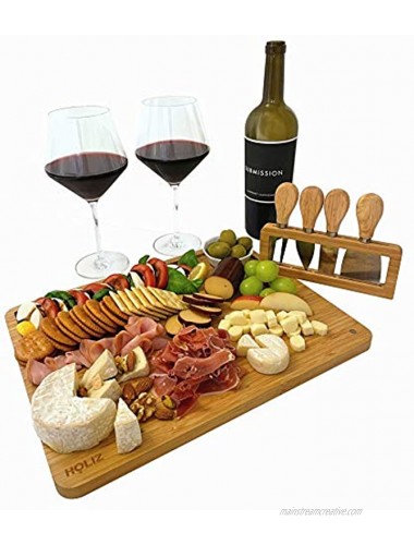 HOLIZ Bamboo Cheese Board Set with 4 Knives Set and A Serving Bow Cheese Knives for Charcuterie Board Wood Cheese Board Housewarming Gifts Meat and Cheese Board