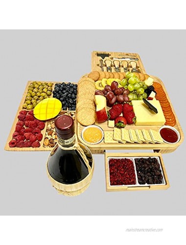 iBambooMart Cheese Board and Knife Set Wooden Charcuterie Bamboo Platter & Serving Meat Tray w Slide-Out Drawers 4 Knife 4 fork Gifts for Christmas Birthday Housewarming Wedding