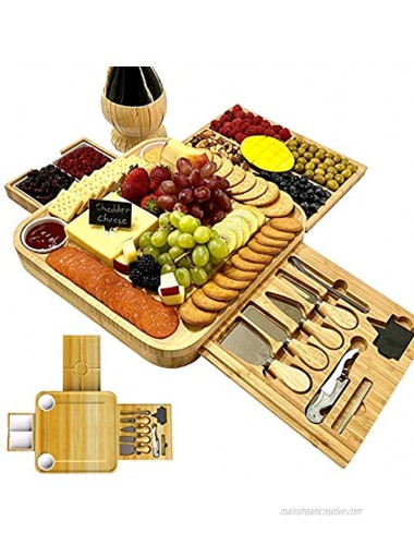 iBambooMart Cheese Board and Knife Set Wooden Charcuterie Bamboo Platter & Serving Meat Tray w Slide-Out Drawers 4 Knife 4 fork Gifts for Christmas Birthday Housewarming Wedding