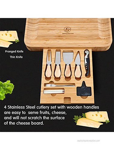 InnoStrive Cheese Board 16 x 13 x 2 Inch Wood Charcuterie Platter With Cutlery 3 Slide-Out Drawer For Wine Cheese Meat
