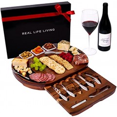 Large Round Charcuterie Board Set Giftable 20-Piece Cheese Board and Knife Set House Warming Present or Wedding & Engagement Platter Acacia Wood & Slate Serving Tray for Meat Wine & Cheese