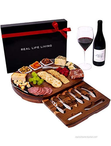 Large Round Charcuterie Board Set Giftable 20-Piece Cheese Board and Knife Set House Warming Present or Wedding & Engagement Platter Acacia Wood & Slate Serving Tray for Meat Wine & Cheese
