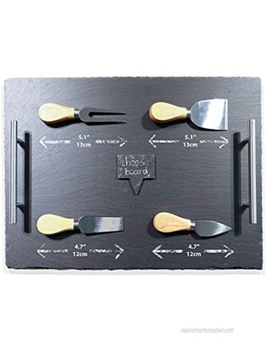 LSP Products Slate Cheese Charcuterie Board Set 10 Piece Serving Tray 16 X 12.2 with Stainless Steel Handles Includes Soapstone Chalk 3 Slate Cheese Markers and 4 Cheese Knives