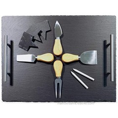 LSP Products Slate Cheese Charcuterie Board Set 10 Piece Serving Tray 16" X 12.2" with Stainless Steel Handles Includes Soapstone Chalk 3 Slate Cheese Markers and 4 Cheese Knives
