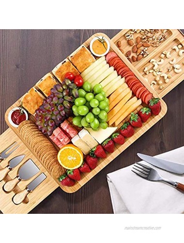 MaMahome Bamboo Cheese Board Set Charcuterie Boards Platter and Knife set Hidden Sliding Drawer for Birthday Party Housewarming Bridal Shower Wedding Couple Gift Style 2