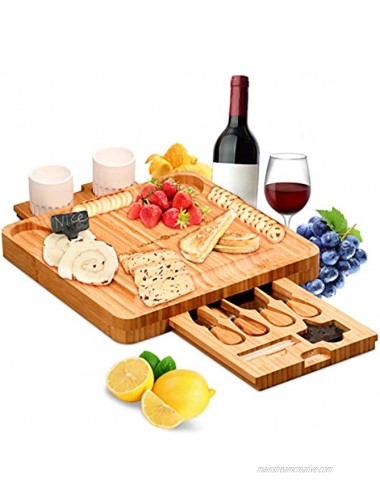 MaMahome Bamboo Cheese Board Set Charcuterie Boards Platter and Knife set Hidden Sliding Drawer for Birthday Party Housewarming Bridal Shower Wedding Couple Gift Style 1