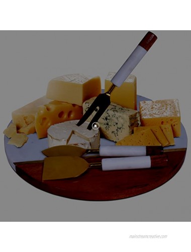 Marble Cheese Board & Utensil Set- 12” Round White Marble Cheese Cutting Board Set. Handmade Round Charcuterie Board and Marble Serving Tray for Wine and Cheese with 3 Piece Knife Set