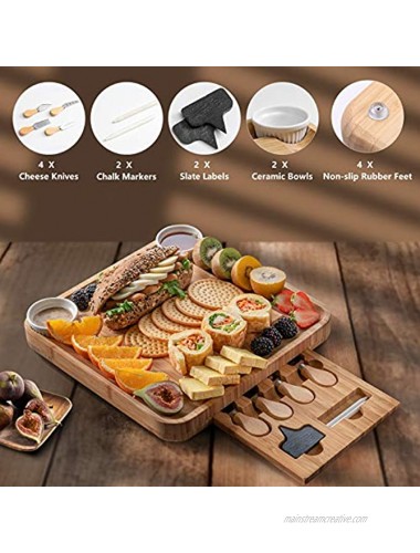 MHONFL Bamboo Cheese Board And Knife Set Personalized Charcuterie Board Set & Serving Tray For Wine Crackers And Meat Unique Tray With 4 Knives Gift for Birthdays,Wedding Registry,Housewarming