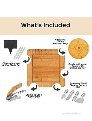 Morvat Bamboo Charcuterie Cheese Board Set with Fully Stainless Steel Charcuterie Knife Set Cheese and Charcuterie Board Accessories with Bonus Round Charcuterie Tray Included