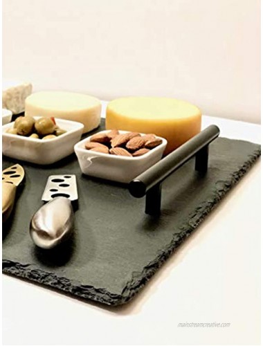 Natural Slate Cheese Board and Knife Set | 10 Pieces 16 x 12 Serving Tray with Handle 4 Color Cheese Knives 3 Ceramic Bowls 2 Soapstone Chalks Good For any Occasions!