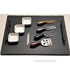 Natural Slate Cheese Board and Knife Set | 10 Pieces 16 x 12 Serving Tray with Handle 4 Color Cheese Knives 3 Ceramic Bowls 2 Soapstone Chalks Good For any Occasions!