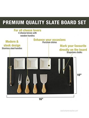 Olyv Branch Slate Cheese Board Set-10pc Serving Tray 16 x 10'' Large-Durable & Versatile Serving Tray Sealed with an Anti Stain Coating-Great for Home & Restaurant Cheese Tapas & Appetizers Serving