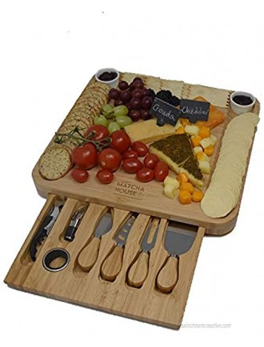 Organic Bamboo Cheese Board Set Large Wooden Serving Tray for Charcuterie Meat Platter and Fruit | Cutlery in Slide Out Hidden Magnet Drawer with 2 Ceramic Bowls Perfect for Fancy House Warming Gift