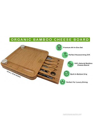 Organic Bamboo Cheese Board Set Large Wooden Serving Tray for Charcuterie Meat Platter and Fruit | Cutlery in Slide Out Hidden Magnet Drawer with 2 Ceramic Bowls Perfect for Fancy House Warming Gift