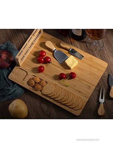 PARANTA Bamboo Cheese Board Set Containing 3 Stainless Steel Knives Used For Cheese Fruit And Cooked Food Platter Natural1411