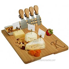 Personalized Monogrammed Laser Engraved Hardwood Board for Cheese & Appetizers Includes 4 Cheese Knives Cheese Markers & Ceramic Dish Designed by Picnic at Ascot in California