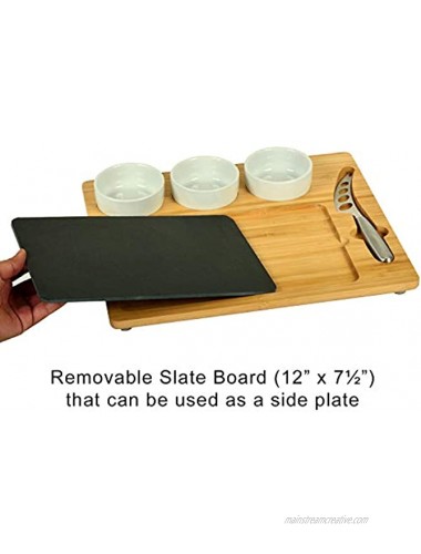 Picnic at Ascot Bamboo & Slate Cheese Charcuterie Board Includes 3 Ceramic Bowls & Cheese Knife- Patent Pending Designed & Quality Checked in the USA