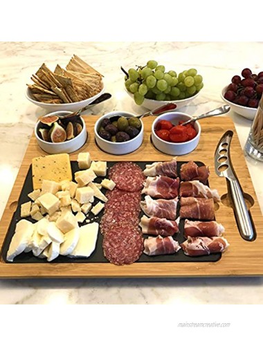 Picnic at Ascot Bamboo & Slate Cheese Charcuterie Board Includes 3 Ceramic Bowls & Cheese Knife- Patent Pending Designed & Quality Checked in the USA