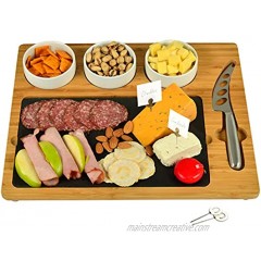 Picnic at Ascot Bamboo & Slate Cheese Charcuterie Board Includes 3 Ceramic Bowls Cheese Knife & Cheese Markers- Patent Pending Designed & Quality Checked in the USA