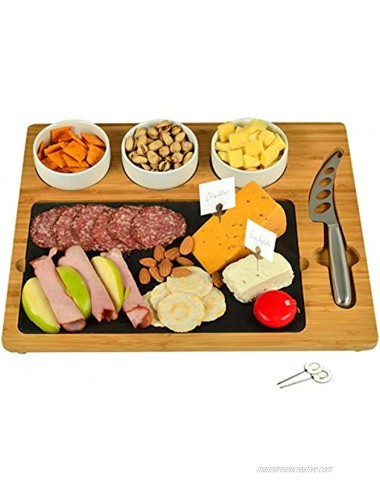 Picnic at Ascot Bamboo & Slate Cheese Charcuterie Board Includes 3 Ceramic Bowls Cheese Knife & Cheese Markers- Patent Pending Designed & Quality Checked in the USA