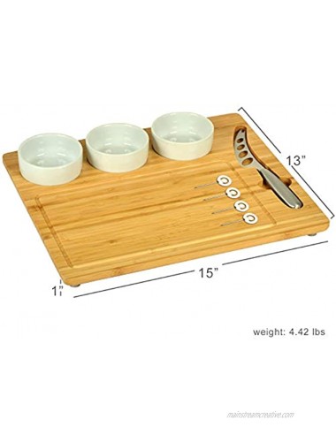 Picnic at Ascot Bamboo Cutting Board for Cheese & Charcuterie includes 3 Ceramic Bowls Cheese Knife & Cheese Markers Patent Pending Designed & Quality Checked in the USA
