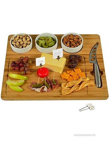 Picnic at Ascot Bamboo Cutting Board for Cheese & Charcuterie includes 3 Ceramic Bowls Cheese Knife & Cheese Markers Patent Pending Designed & Quality Checked in the USA