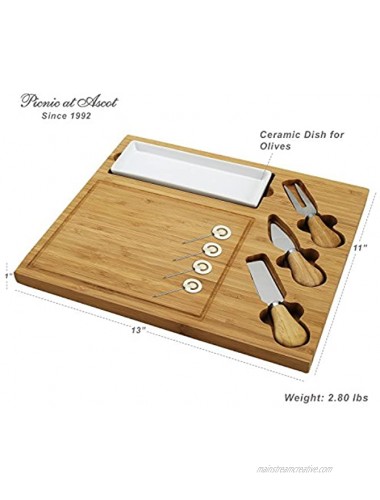 Picnic at Ascot Original Bamboo Cheese Board Charcuterie Serving Platter Tray with Dish Cheese Knife Set & Cheese Markers -Designed & Quality Checked in the USA