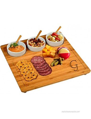 Picnic at Ascot Original Personalized Monogrammed Engraved Bamboo Cutting Board for Cheese & Charcuterie with 3 Ceramic Bowls & Bamboo Spoons- Designed & Quality Checked in the USA