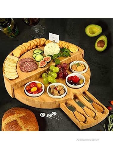Picnic at Ascot Patented 15 Diameter Cheese Chacuterie Board incorporates Bowls and Knife set & Cheese Markers. Designed & Quality Checked in USA